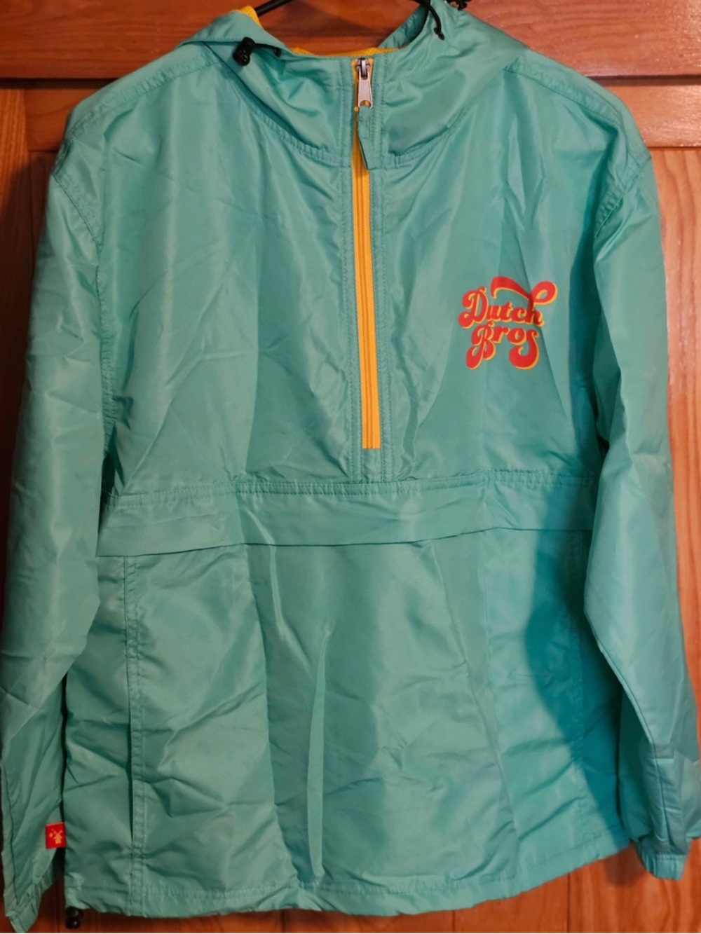 Dutch Bros Teal Hooded Pullover with Yellow Zip and Orange Logo